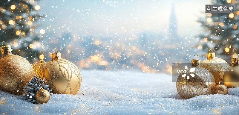 【AI数字艺术】雪地中的金色圣诞装饰球图片素材