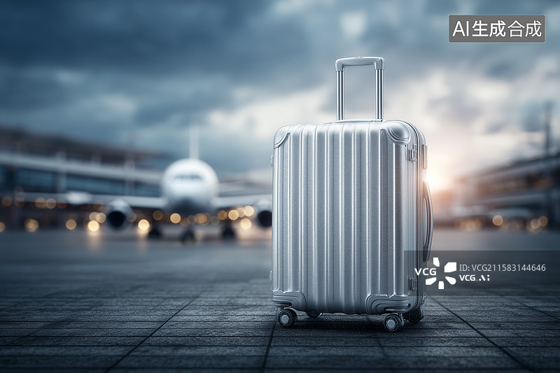 【AI数字艺术】机场停机坪上的银色行李箱图片素材