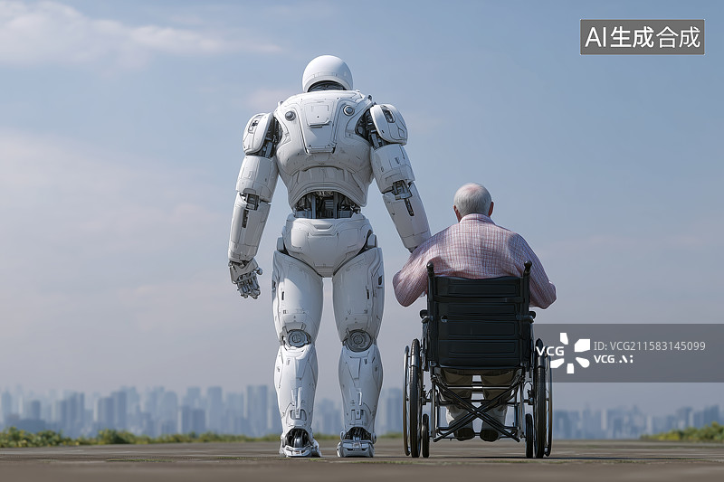 【AI数字艺术】机器人陪伴轮椅上的老人散步图片素材
