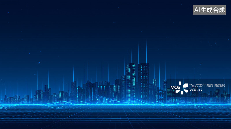 【AI数字艺术】深色背景下科技线条城市天际线图片素材