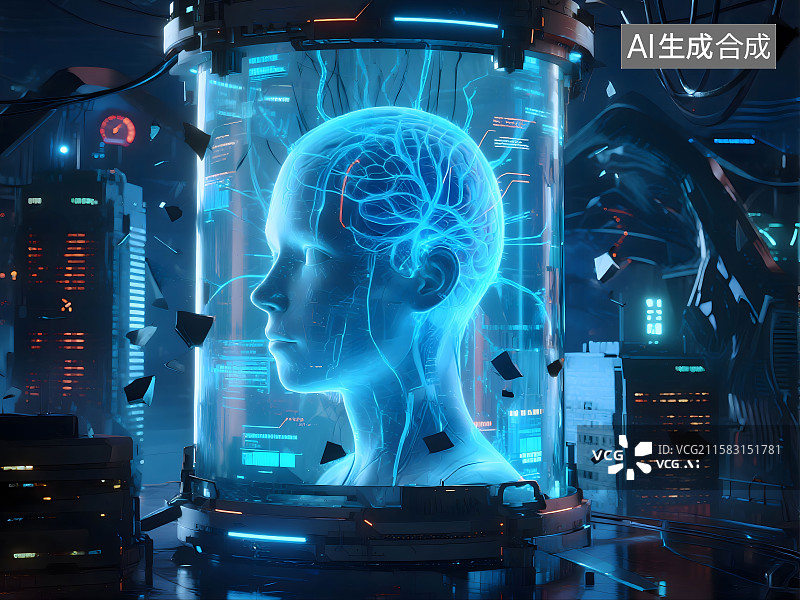 【AI数字艺术】巨大的透明玻璃缸中漂浮着发光的人类大脑，无数脑神经连接着蓝色数据流组成的虚拟程序图片素材