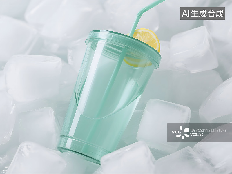 【AI数字艺术】浅绿色大容量吸管杯，置于大量白色厚冰块中图片素材
