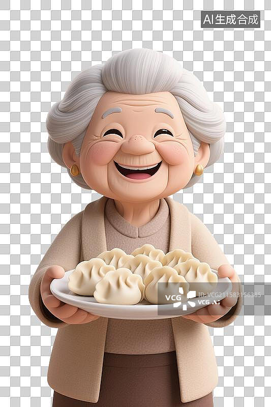 【AI数字艺术】3D渲染人物，手里拿着一盘饺子的老奶奶，老人，冬至，年夜饭，春节新年，传统节日，免抠元素图片素材
