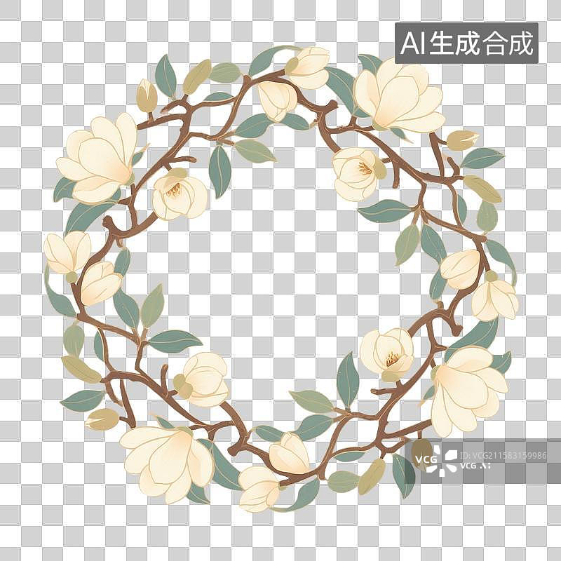 【AI数字艺术】中国风玉兰花纹，团花纹，图案，白玉兰，花圈，花环，免抠元素图片素材
