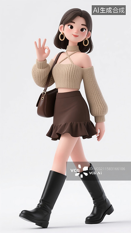 【AI数字艺术】OK姿势3D早秋咖色女子穿搭图片素材