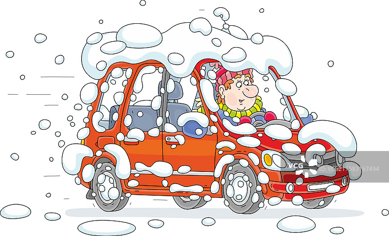 一个搞笑的男人开着被雪覆盖的车图片素材