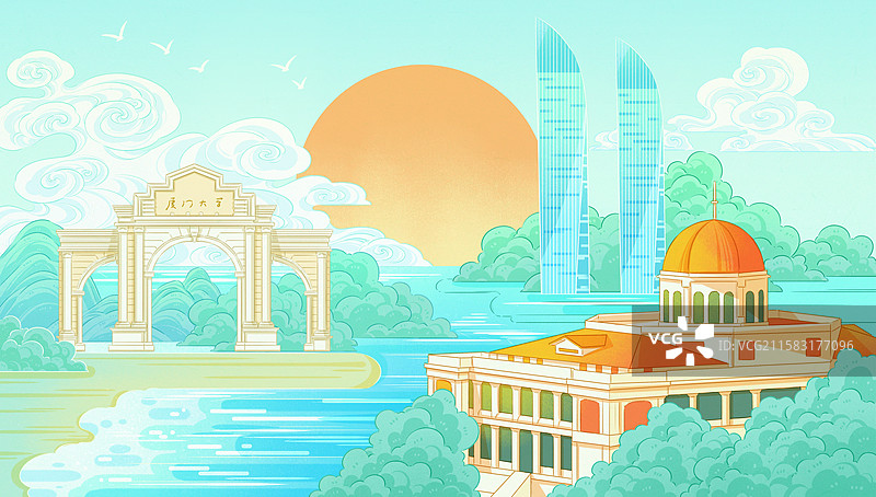 厦门海滨城市风光插画图片素材