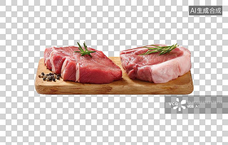 【AI数字艺术】木制砧板上的新鲜生牛肉排图片素材