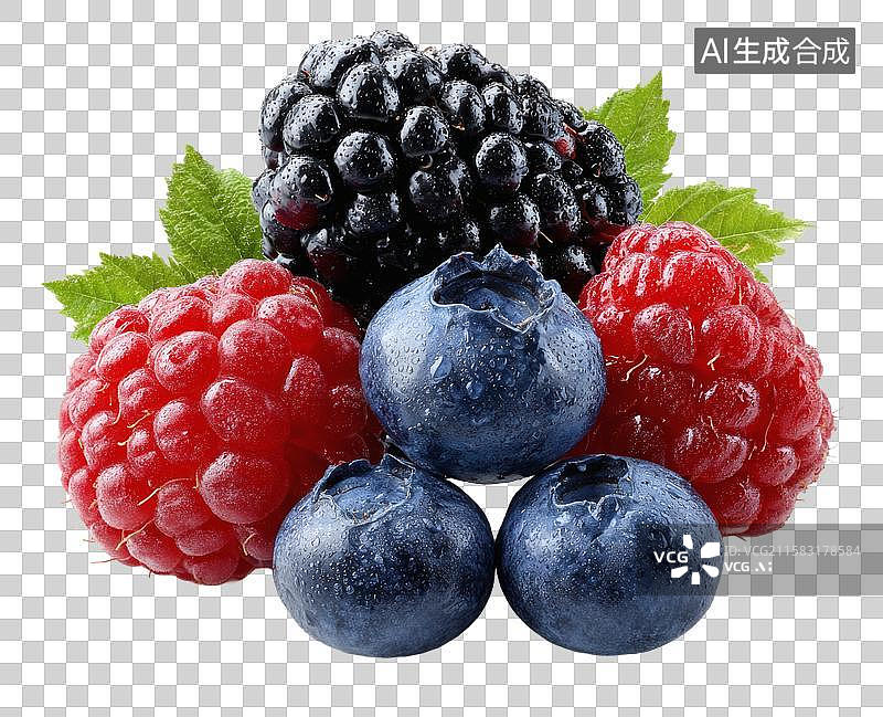 【AI数字艺术】新鲜混合浆果与绿叶的特写图片素材