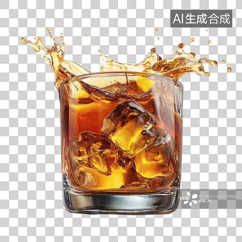 【AI数字艺术】一杯加冰威士忌的液体飞溅特写图片素材