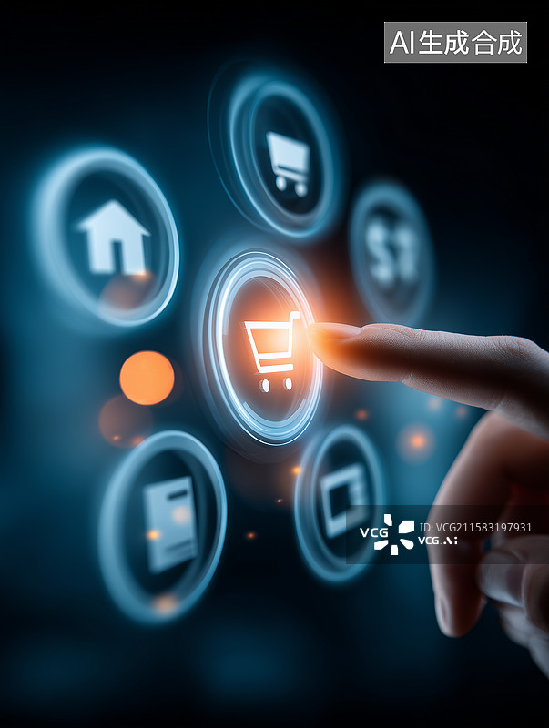 【AI数字艺术】一只手点击购物图标概念图图片素材