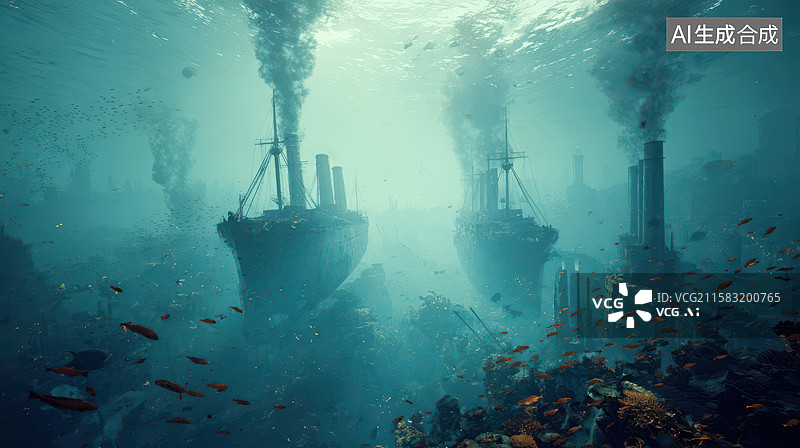 【AI数字艺术】海底沉船遗迹，鱼群穿梭其间图片素材