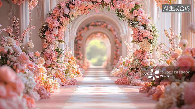 【AI数字艺术】浪漫粉色花卉拱门婚礼场景图片素材