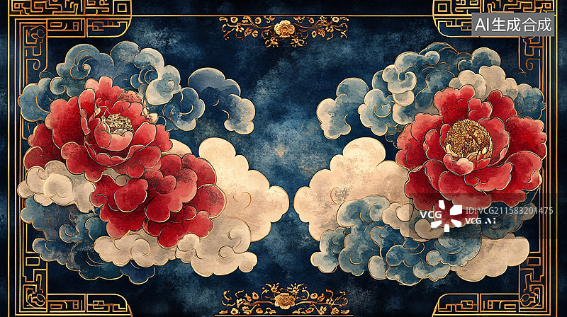 【AI数字艺术】中式牡丹祥云装饰画图片素材