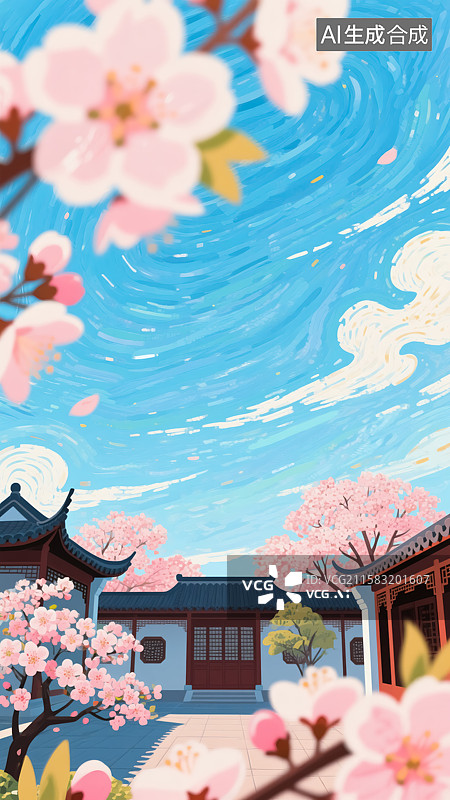 【AI数字艺术】春天桃花园林插画图片素材