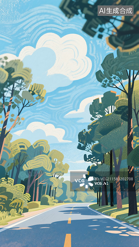 【AI数字艺术】树林中的公路插画图片素材