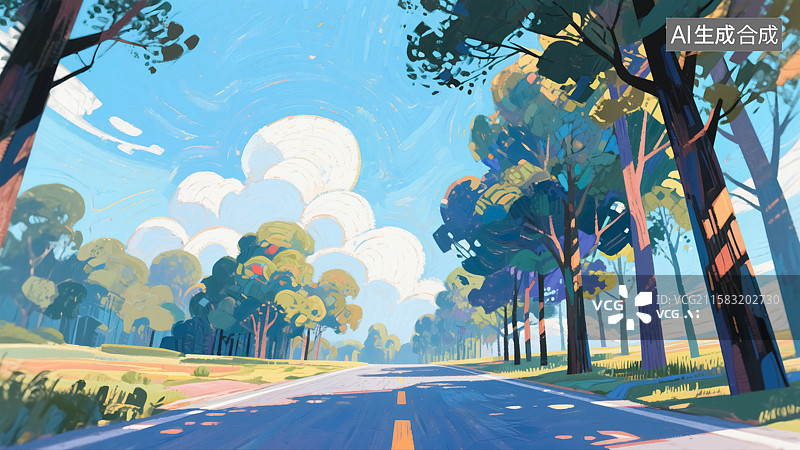 【AI数字艺术】树林中的公路插画图片素材