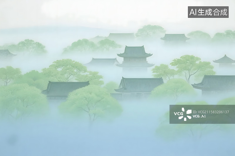 【AI数字艺术】云雾中的古建筑群图片素材