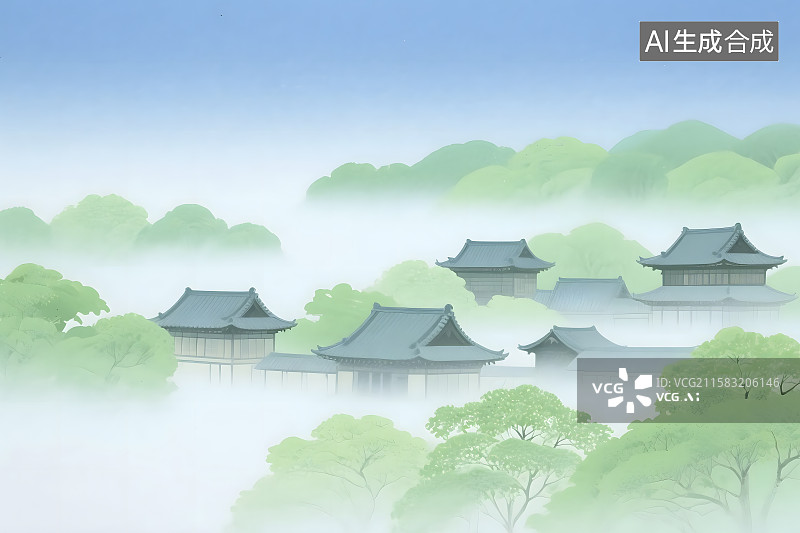 【AI数字艺术】云雾中的古建筑群图片素材