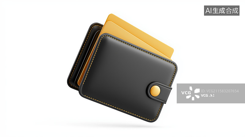 【AI数字艺术】黑色皮革钱包，内含黄色卡片图片素材