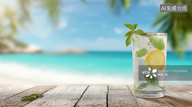 【AI数字艺术】清凉柠檬薄荷水与海滩背景图片素材