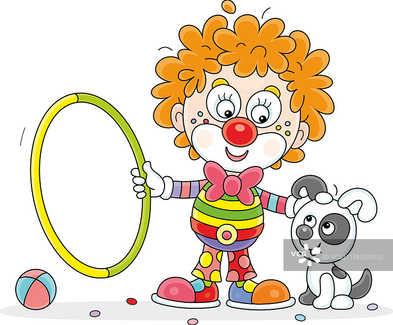 红色马戏团小丑和他的狗狗图片素材