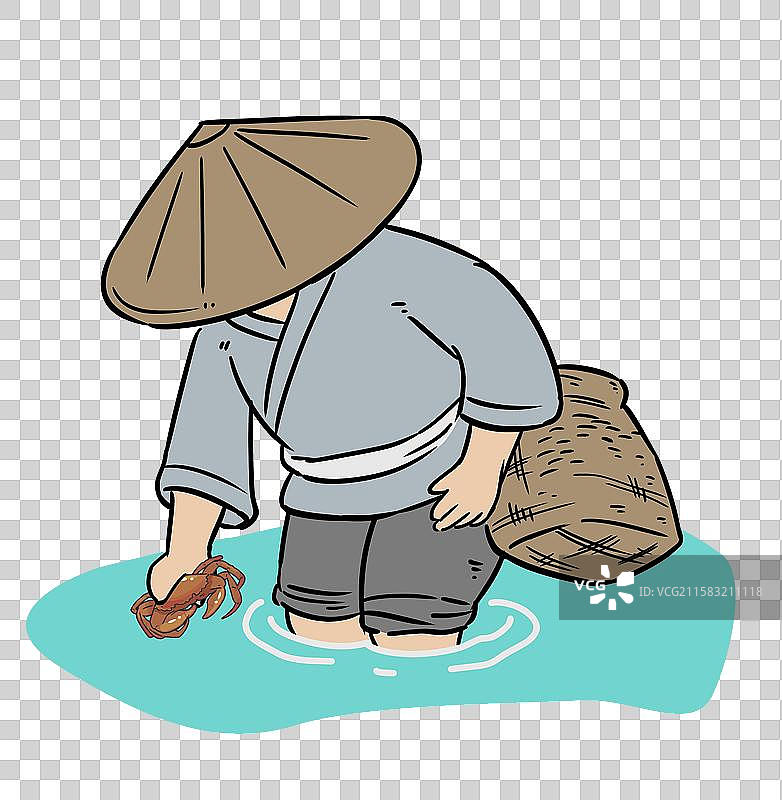 一个农民在河边捉蟹图片素材