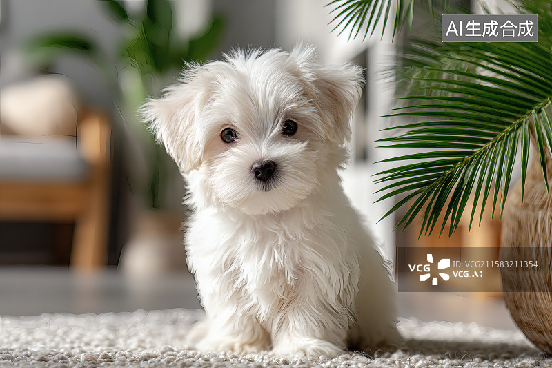 【AI数字艺术】室内，一只比熊小狗站在地毯上，凝视镜头图片素材