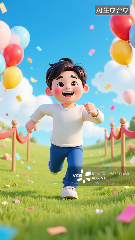 【AI数字艺术】男孩在绿色草地上奔跑庆祝的场景图片素材