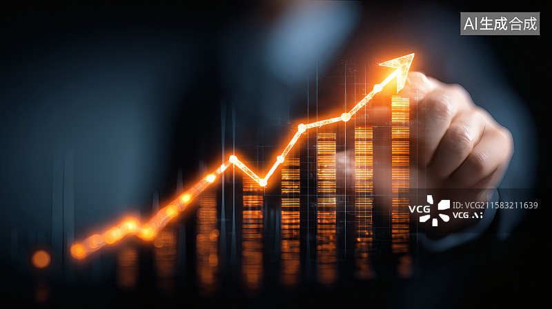 【AI数字艺术】整体呈上升趋势的折线图，上升的箭头，男子手触摸在屏幕上图片素材