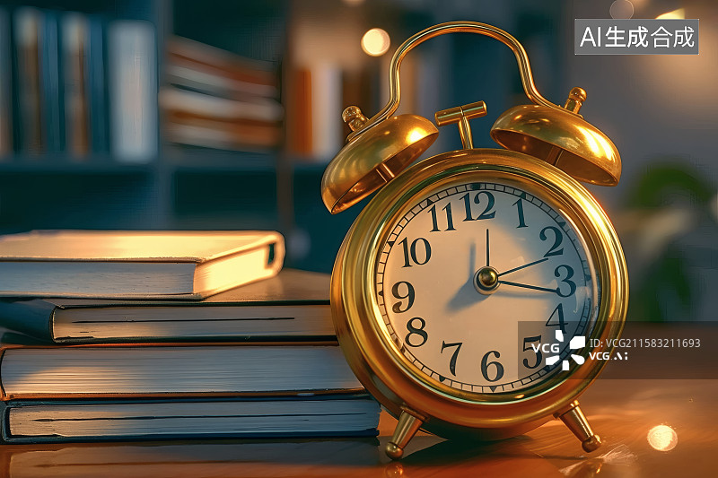【AI数字艺术】桌面摆放的书籍，书籍旁的一座闹铃图片素材