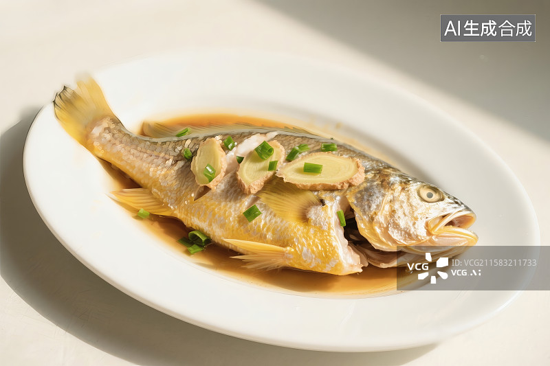 【AI数字艺术】一盘美味的清蒸大黄鱼，上面撒着姜片图片素材
