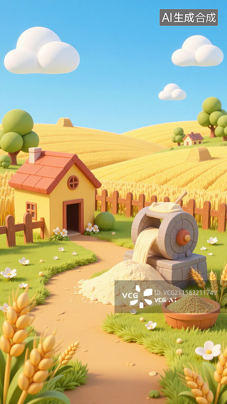 【AI数字艺术】卡通农田的粮食生产丰收喜悦的田园风光图片素材