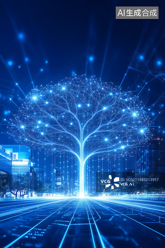 【AI数字艺术】科技与自然融合的数字树，蓝色智慧树背景图片素材