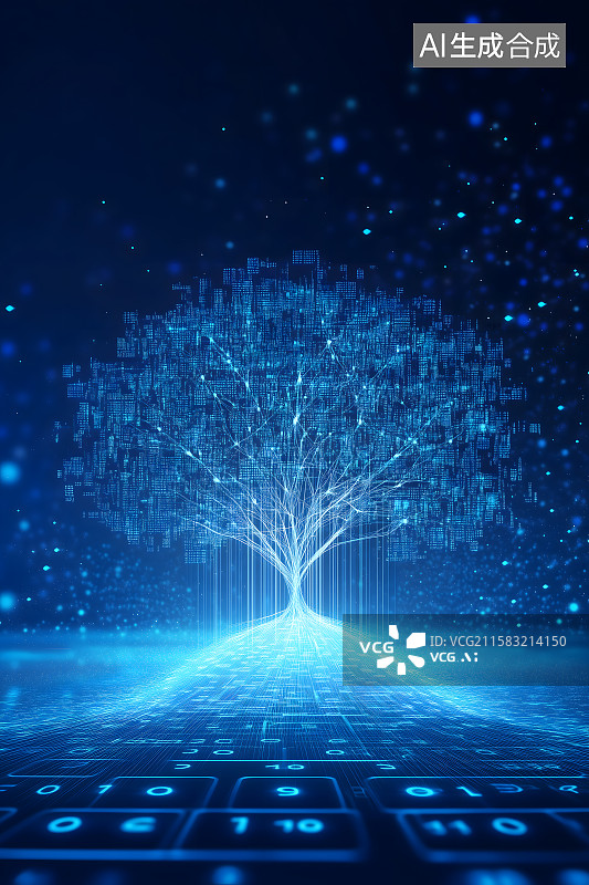 【AI数字艺术】科技与自然融合的数字树，蓝色智慧树背景图片素材