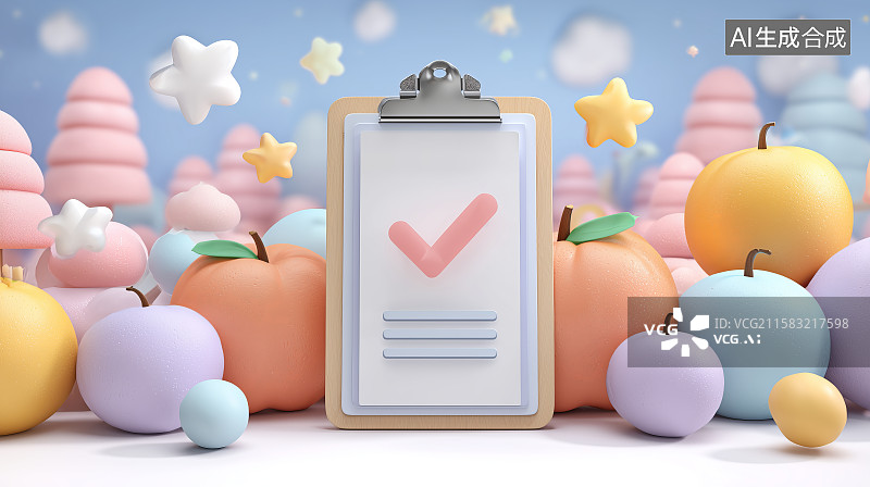 【AI数字艺术】剪贴板与彩色果实的梦幻场景图片素材