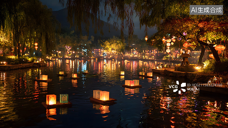 【AI数字艺术】夜晚的水上红色花灯浪漫场景图片素材