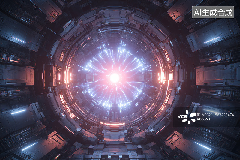 【AI数字艺术】未来感可控核聚变反应堆核心，等离子束发光图片素材