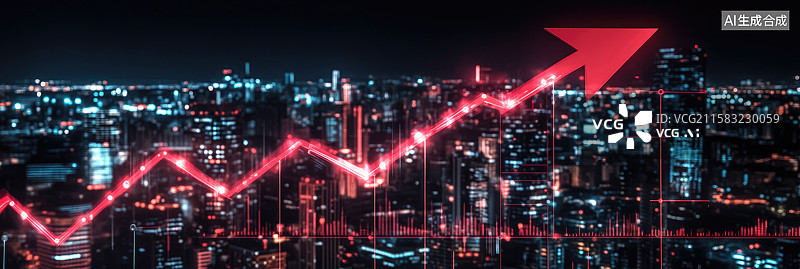 【AI数字艺术】向上红箭头抽象商业背景象征市场增长财务成功城市景观与发光灯光和经济图表房地产和全球财富积累的上升趋势图片素材