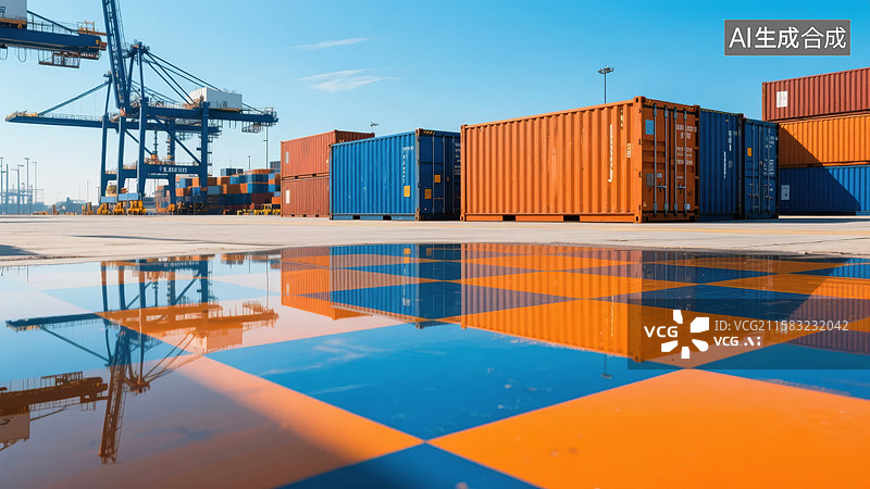 【AI数字艺术】港口集装箱堆场与起重机倒影图片素材
