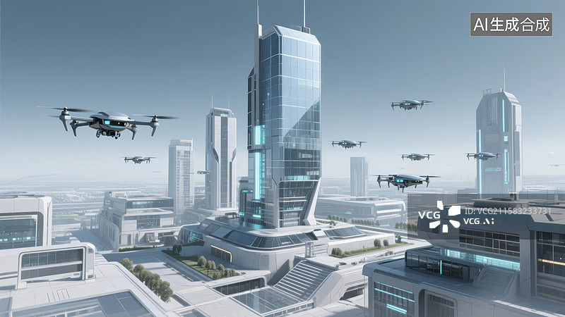 【AI数字艺术】未来城市中的无人机飞行图片素材