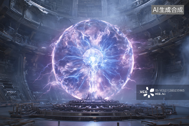 【AI数字艺术】戏剧性科幻融合反应堆，带有磁约束环，发光等离子体球图片素材