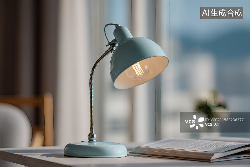 【AI数字艺术】书房书桌上的一盏亮着的台灯图片素材