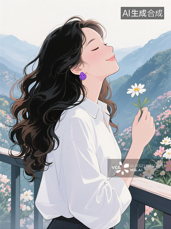 【AI数字艺术】插画漫画风格，一位留着褐色长卷发、搭配紫色耳钉、身穿白色宽松衬衫的女孩手拈一朵小花，仰头闭眼微笑。图片素材
