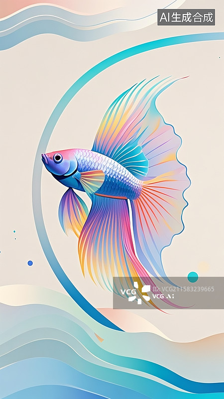 【AI数字艺术】一条斗鱼造型，鱼鳍飘逸。极简主义，渐变弥散，浅蓝色，浅紫色，浅黄色，浅红色，浅绿色。象牙白背景图片素材