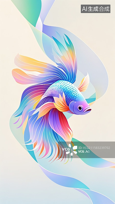 【AI数字艺术】一条斗鱼造型，鱼鳍飘逸。极简主义，渐变弥散，浅蓝色，浅紫色，浅黄色，浅红色，浅绿色。象牙白背景图片素材