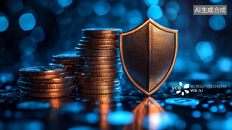 【AI数字艺术】大量金币和盾牌，金融理财安全防护概念图片素材