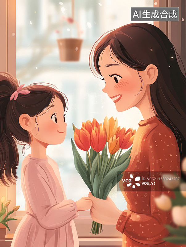 【AI数字艺术】母亲和女儿手捧鲜花的温馨场景，母亲节感恩节主题插画图片素材