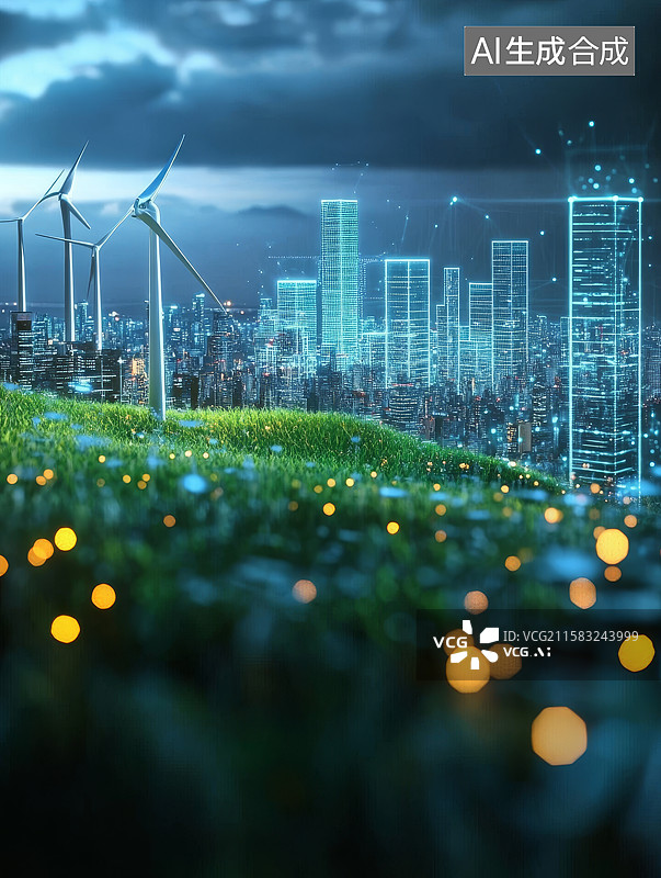 【AI数字艺术】未来风力发电清洁能源绿色城市科技背景图片素材