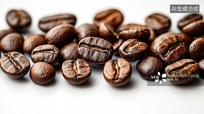 【AI数字艺术】白色背景下烘焙咖啡豆特写图片素材